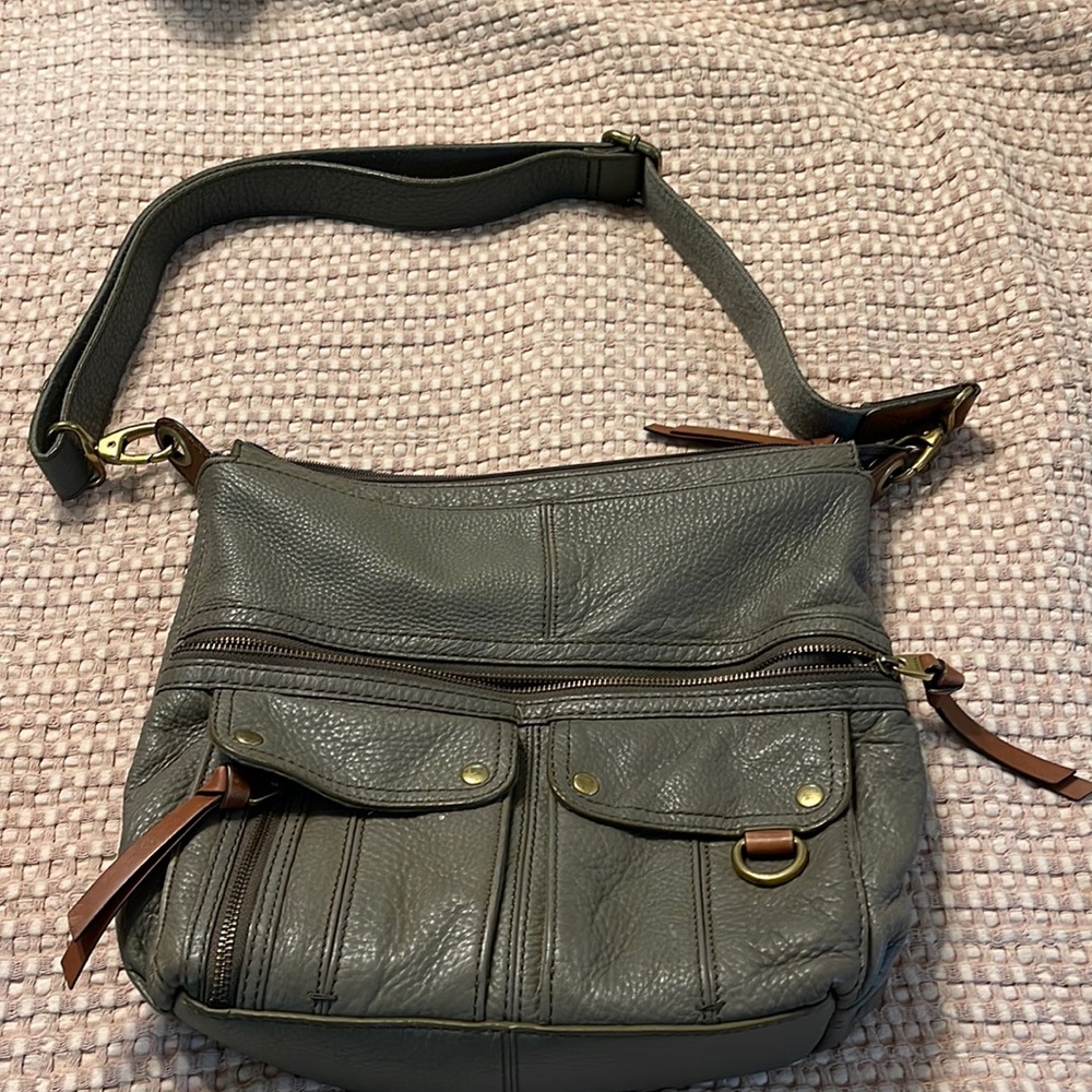 Grey Fossil messenger purse